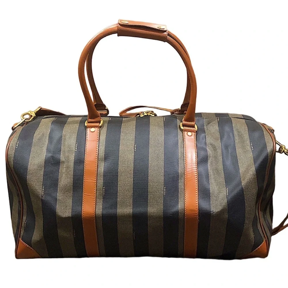 FENDI Pequin Pecan Striped Bandolier Boston Travel Bag w FENDI Shoulder Strap